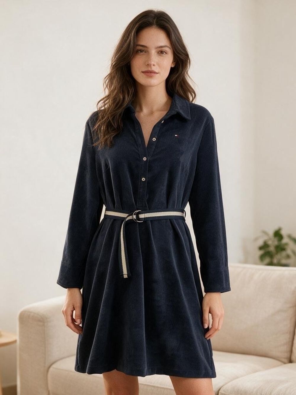 Tommy Hilfiger Navy Blue Corduroy Long Sleeve Belted Dress Size 10